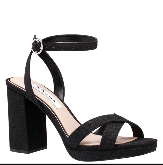 NWT Nina "SHELIA" Black Glitter Chunky Heel Sandal 8.5 Glamorous Whimsy Vamp - Picture 1 of 4